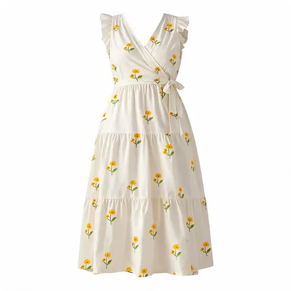 Ivory_Yellow_Polyester_Cotton_Sleeveless_Floral_One_Piece_Dress_For_Women