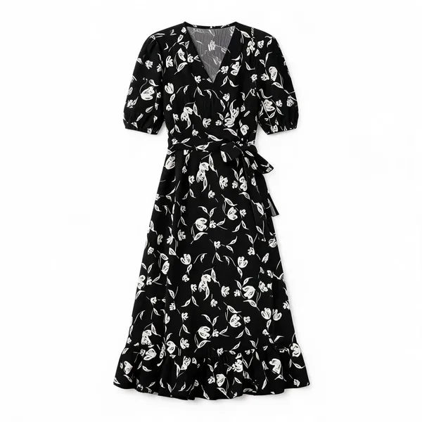 Black_Polyester_Cotton_Short_Sleeve_Floral_Maxi_Dress_For_Women