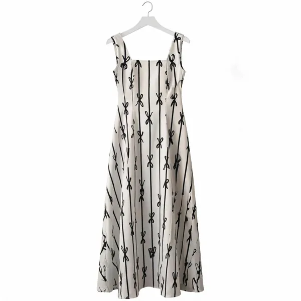 White_Polyester_Cotton_Sleeveless_Botanical_Stripe_Dress_For_Women
