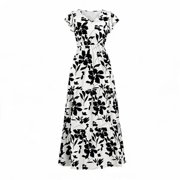 White_Black_Polyester_Cotton_Short_Sleeve_Botanical_Maxi_Dress_For_Women
