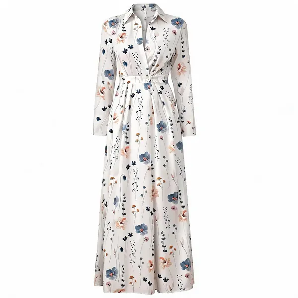 White_Blue_Polyester_Cotton_Long_Sleeve_Ditsy_Floral_Maxi_Dress_For_Women