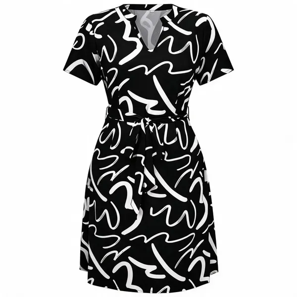 Black_Polyester_Cotton_Short_Sleeve_Abstract_Midi_Dress_For_Women