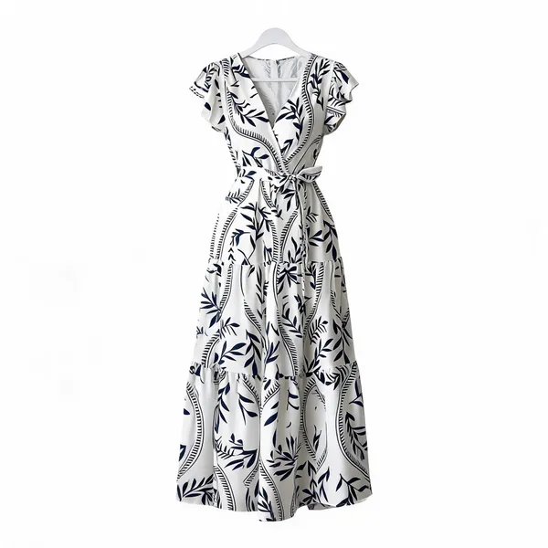 White_Black_Polyester_Cotton_Puff_Sleeve_Botanical_Maxi_Dress_For_Women