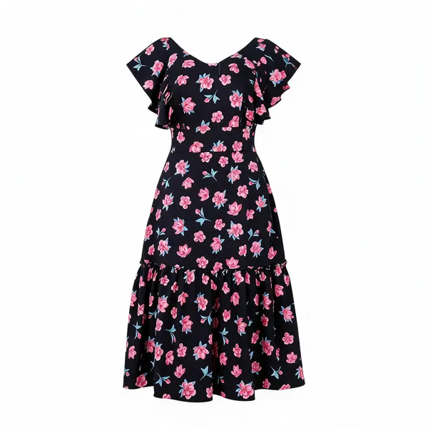 Black_Polyester_Cotton_Puff_Sleeve_Floral_Midi_Dress_For_Women