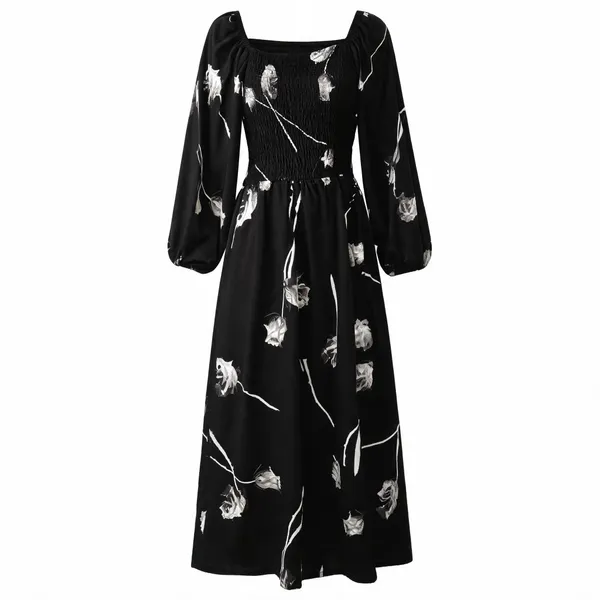 Black_White_Polyester_Cotton_Long_Sleeve_Leaf_Print_Maxi_Dress_For_Women