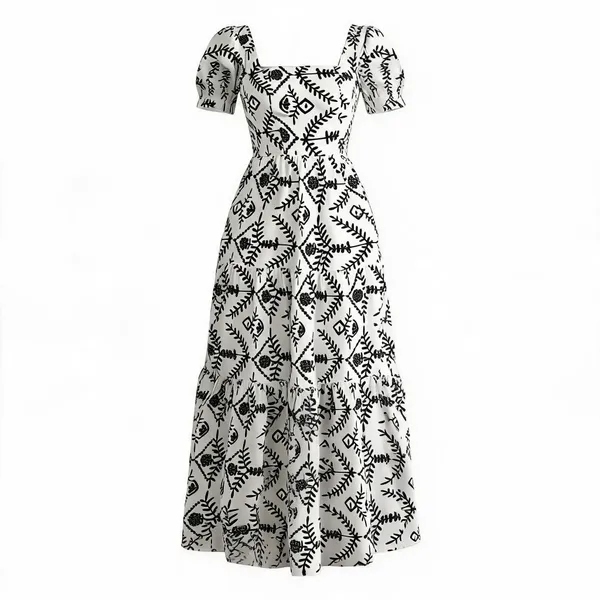 White_Polyester_Cotton_Puff_Sleeve_Geometric_Maxi_Dress_For_Women