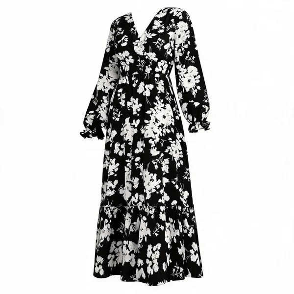Black_White_Polyester_Cotton_Long_Sleeve_Floral_Maxi_Dress_For_Women