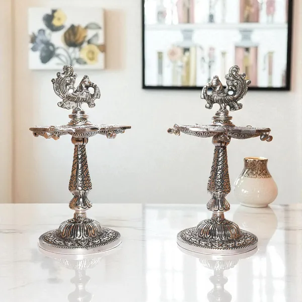 Silver_Finish_Traditional_Peacock_Diya_Set
