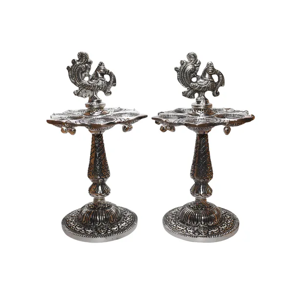 Silver_Finish_Traditional_Peacock_Diya_Set