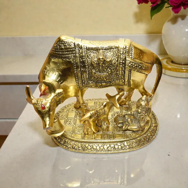 Gold-Toned_Religious_Kamdhenu_Cow_And_Calf_Figurine