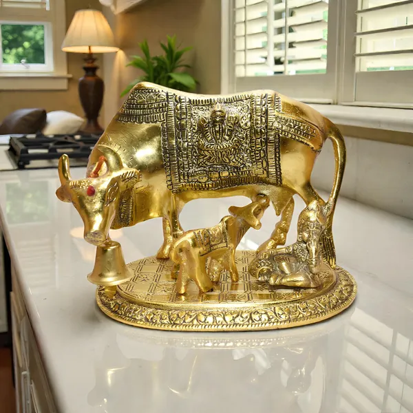 Gold-Toned_Religious_Kamdhenu_Cow_And_Calf_Figurine