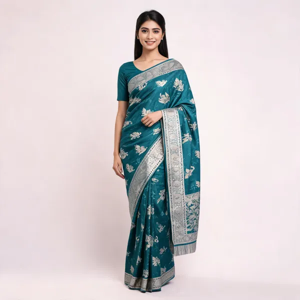 Teal_Silk-Satin_Woven_Elephant_Motif_Saree_For_Women