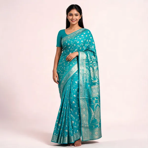 Turquoise_Silk-Satin_Brocade_Floral_Vine_Saree_For_Women