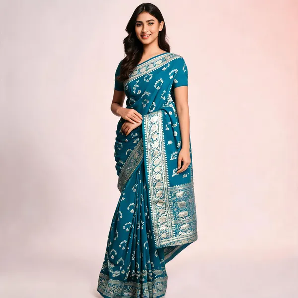 Turquoise_Silk-Satin_Woven_Floral_Saree_For_Women