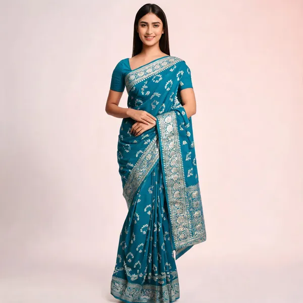 Turquoise_Silk-Satin_Woven_Floral_Saree_For_Women