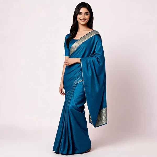 Blue_Silk-Satin_Woven_Silver_Border_Saree_For_Women