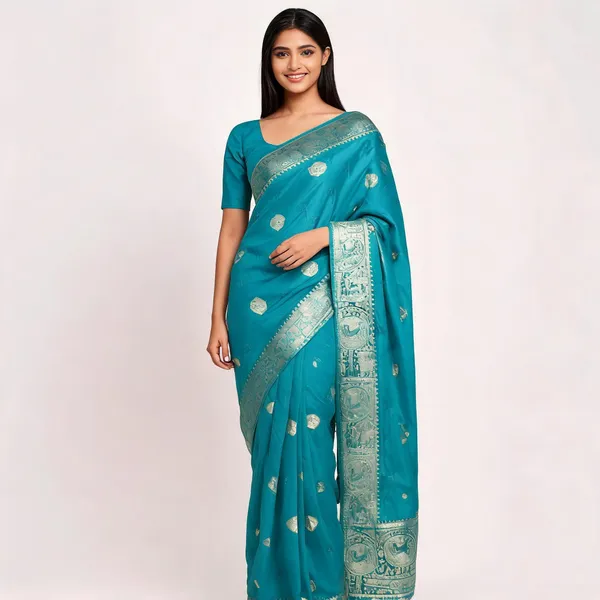 Turquoise_Silk_Satin_Woven_Traditional_Saree_For_Women