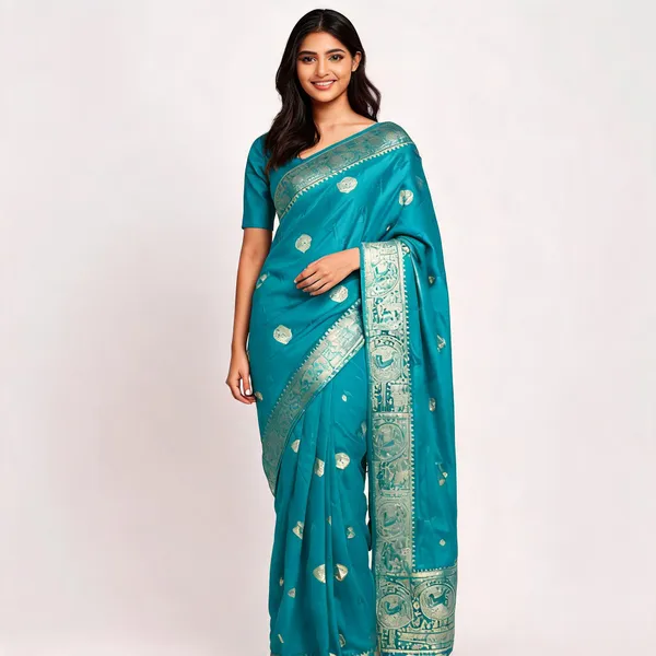 Turquoise_Silk_Satin_Woven_Traditional_Saree_For_Women