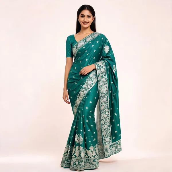 Teal_Silk_Satin_Embroidered_Saree_For_Women