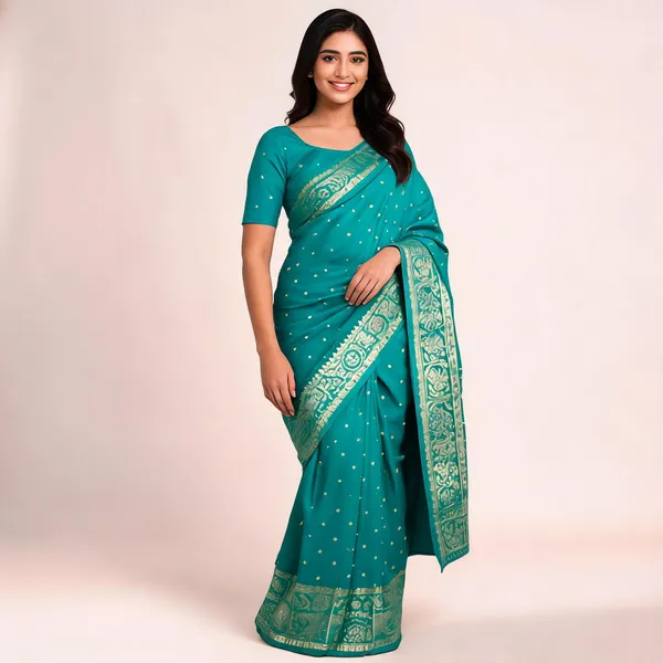 Turquoise_Silk-Satin_Woven_Saree_For_Women