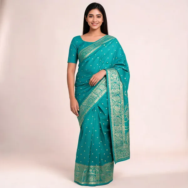 Turquoise_Silk-Satin_Woven_Saree_For_Women