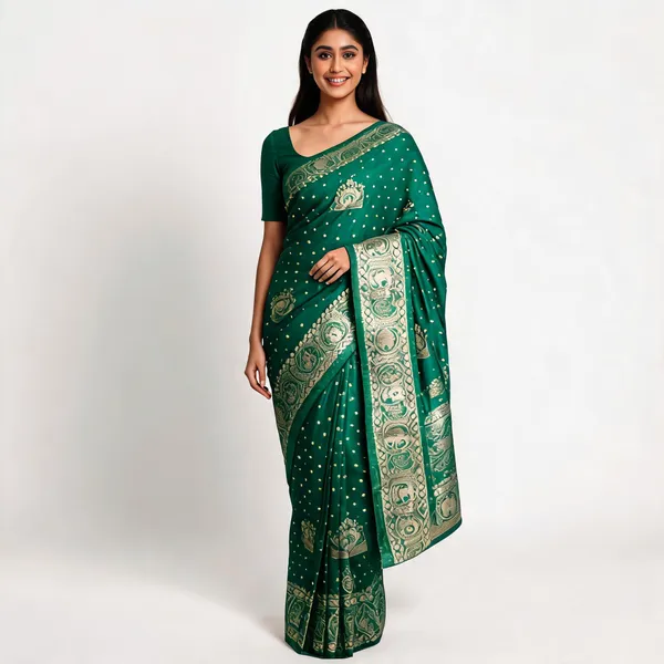 Green_Silk_Satin_Zari_Motif_Saree_For_Women