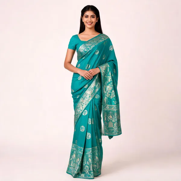 Turquoise_Silk_Satin_Woven_Traditional_Saree_For_Women