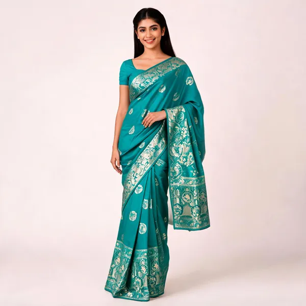Turquoise_Silk_Satin_Woven_Traditional_Saree_For_Women
