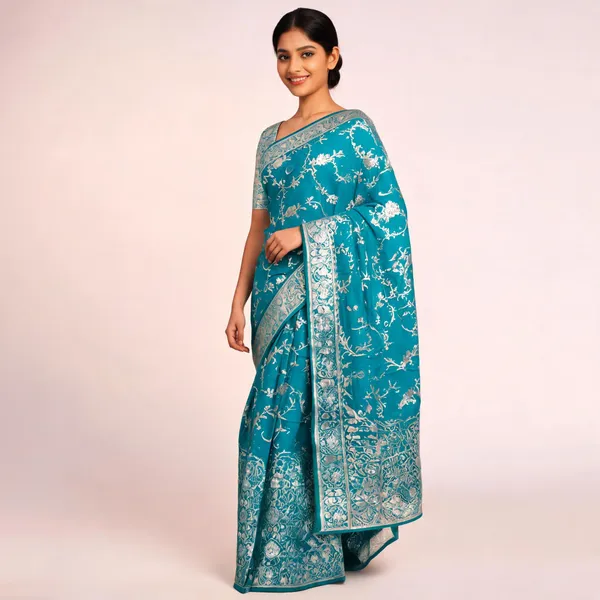 Turquoise_Silk_Satin_Banarasi_Saree_For_Women
