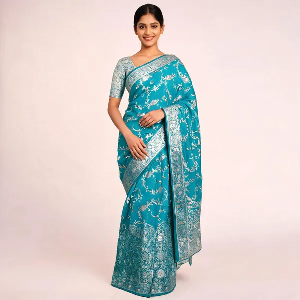 Turquoise_Silk_Satin_Banarasi_Saree_For_Women