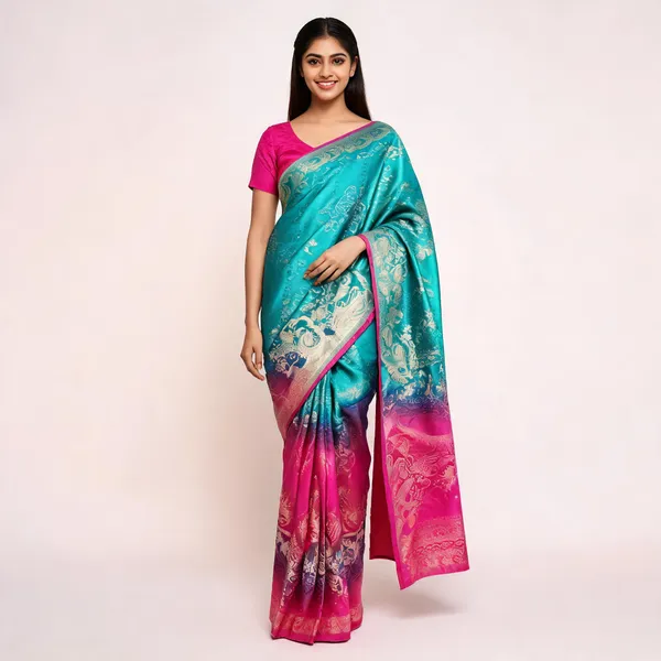 Pink_&_Teal_Silk_Satin_Woven_Saree_For_Women