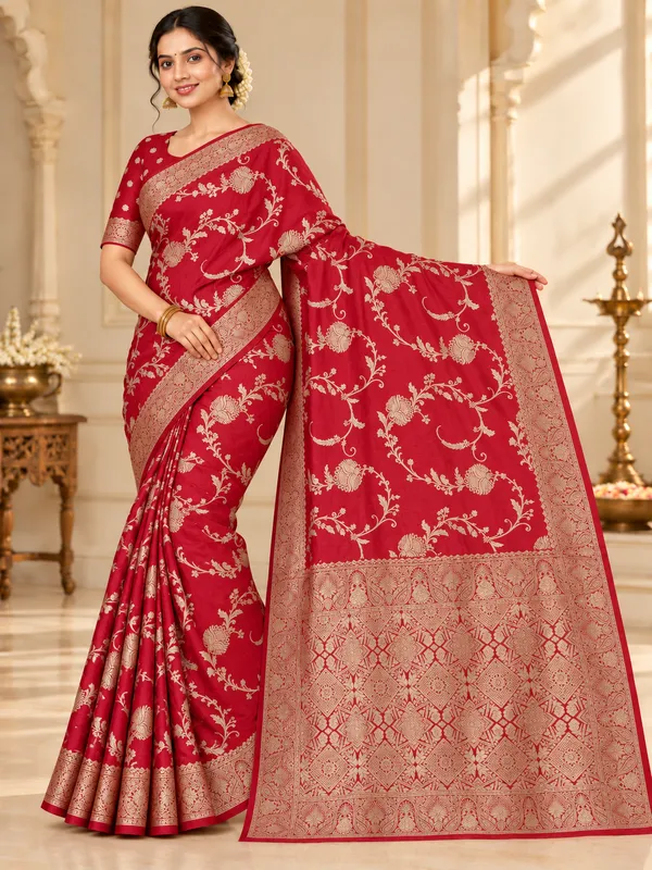 Red_Silk_Satin_Floral_Zari_Saree_For_Women