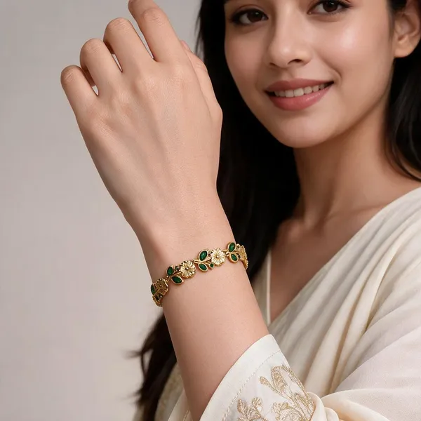 Gold_Green_Stainless_Steel_Floral_Stone_Bracelet_For_Women