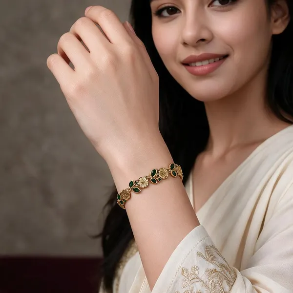 Gold_Green_Stainless_Steel_Floral_Stone_Bracelet_For_Women