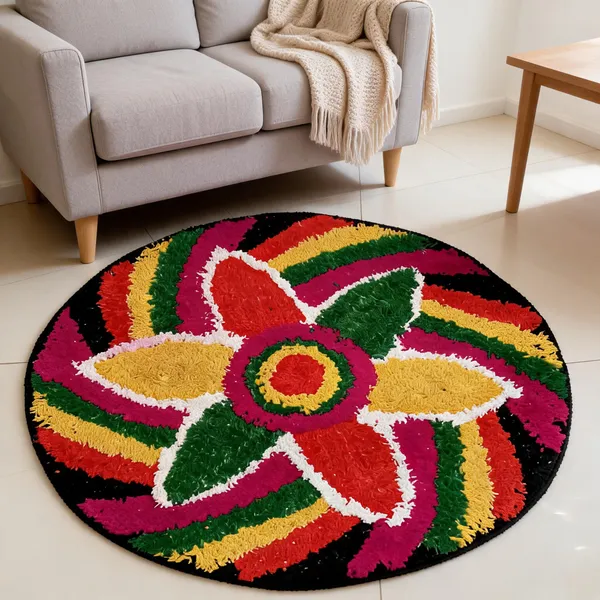Cotton_Tufted_Floral_Print_Multicolor_Round_Rug