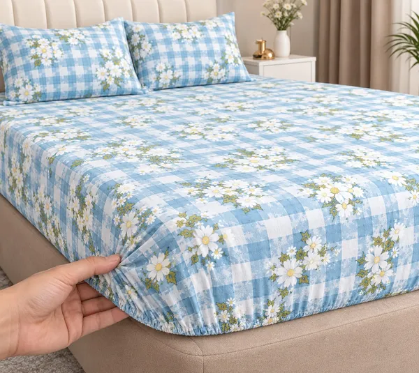 Blue_Floral_Check_Pattern_Fitted_Bedsheet_Set