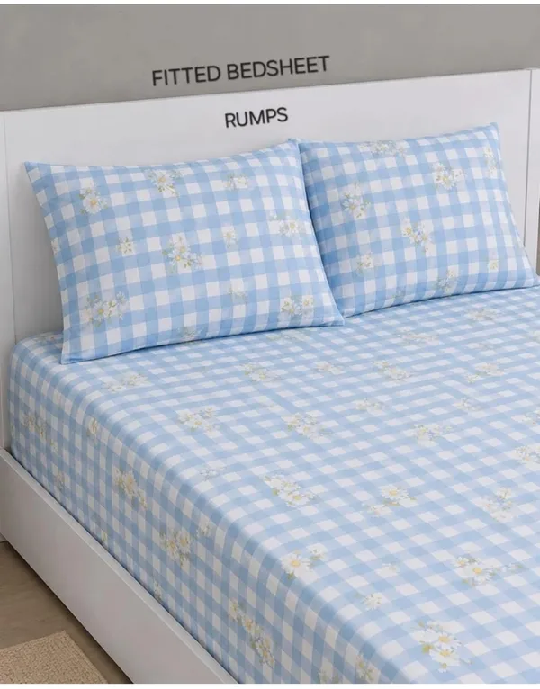 Blue_Gingham_Floral_Print_Fitted_Bedsheet_Set
