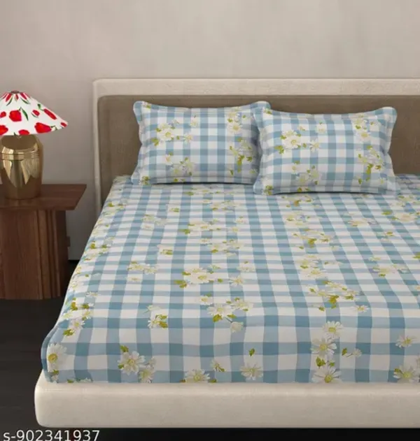 Blue_Floral_Check_Print_Bedsheet_Set