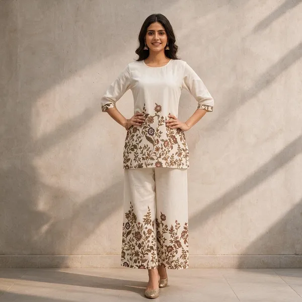 Cream_Khadi_Cotton_Floral_Print_Kurta_Palazzo_Set_For_Women