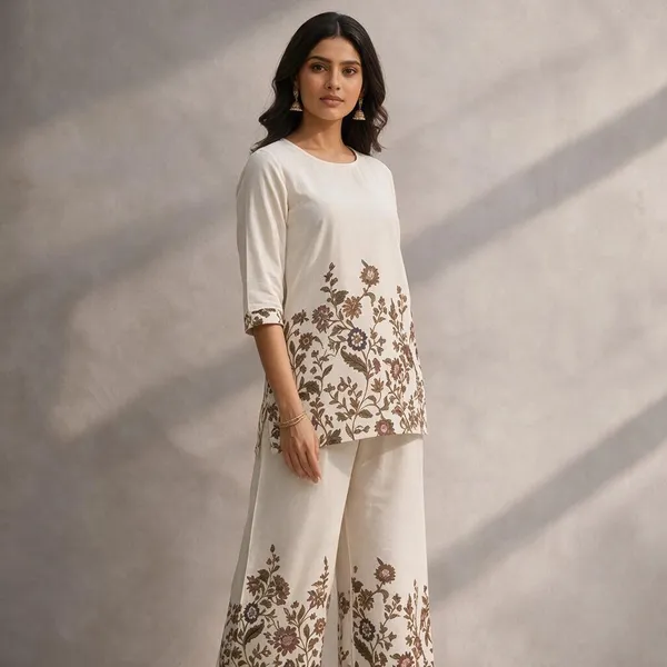 Cream_Khadi_Cotton_Floral_Print_Kurta_Palazzo_Set_For_Women