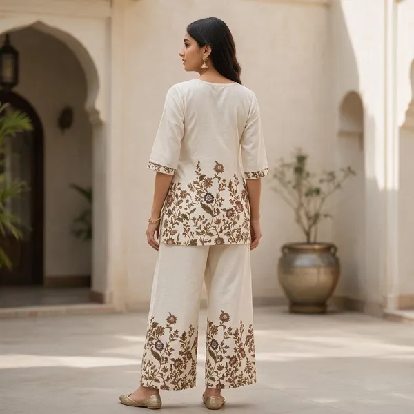 Cream_Khadi_Cotton_Floral_Print_Kurta_Palazzo_Set_For_Women