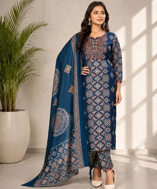 Blue_Chanderi_Silk_Printed_Straight_Kurta_Set_For_Women