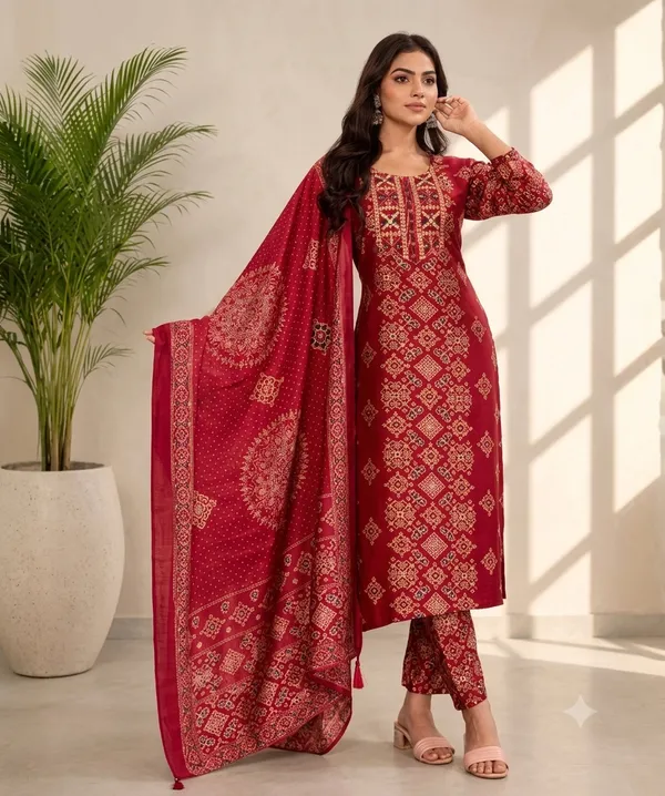 Red_Chanderi_Silk_Printed_Straight_Kurta_Set_For_Women