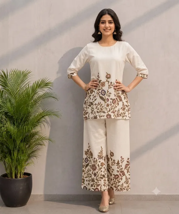 Cream_Khadi_Cotton_Floral_Print_Kurta_Palazzo_Set_For_Women