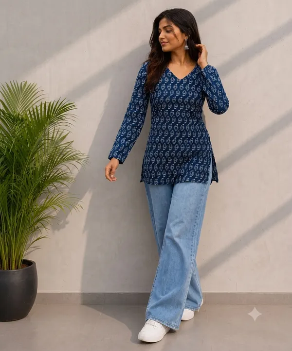 Blue_Cotton_Printed_Straight_Kurti_For_Women