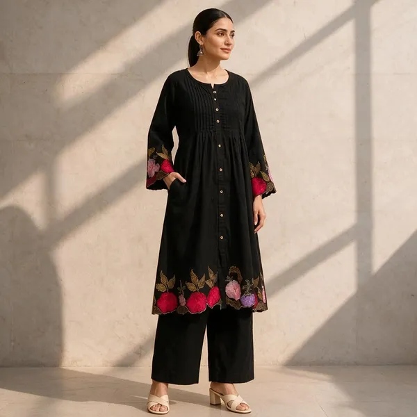 Black_Cotton_Floral_Print_Kurta_Set_For_Women
