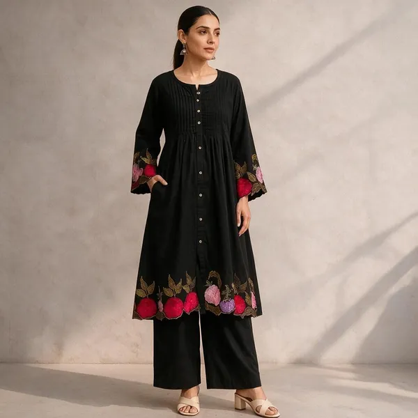 Black_Cotton_Floral_Print_Kurta_Set_For_Women