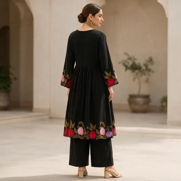 Black_Cotton_Floral_Print_Kurta_Set_For_Women