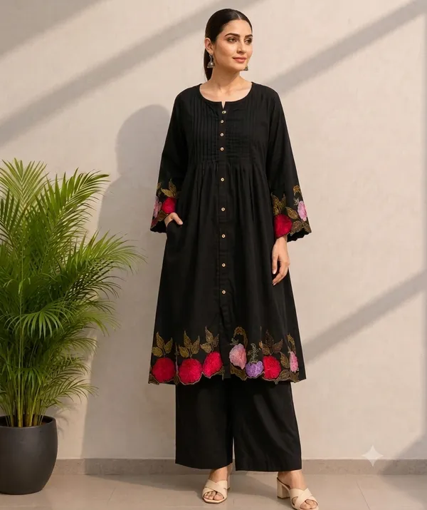 Black_Cotton_Floral_Print_Kurta_Set_For_Women