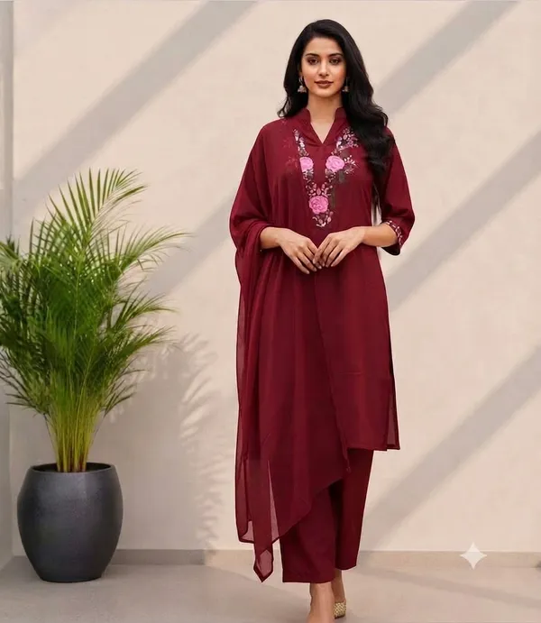 Maroon_Rayon_Embroidered_Kurta_Set_For_Women